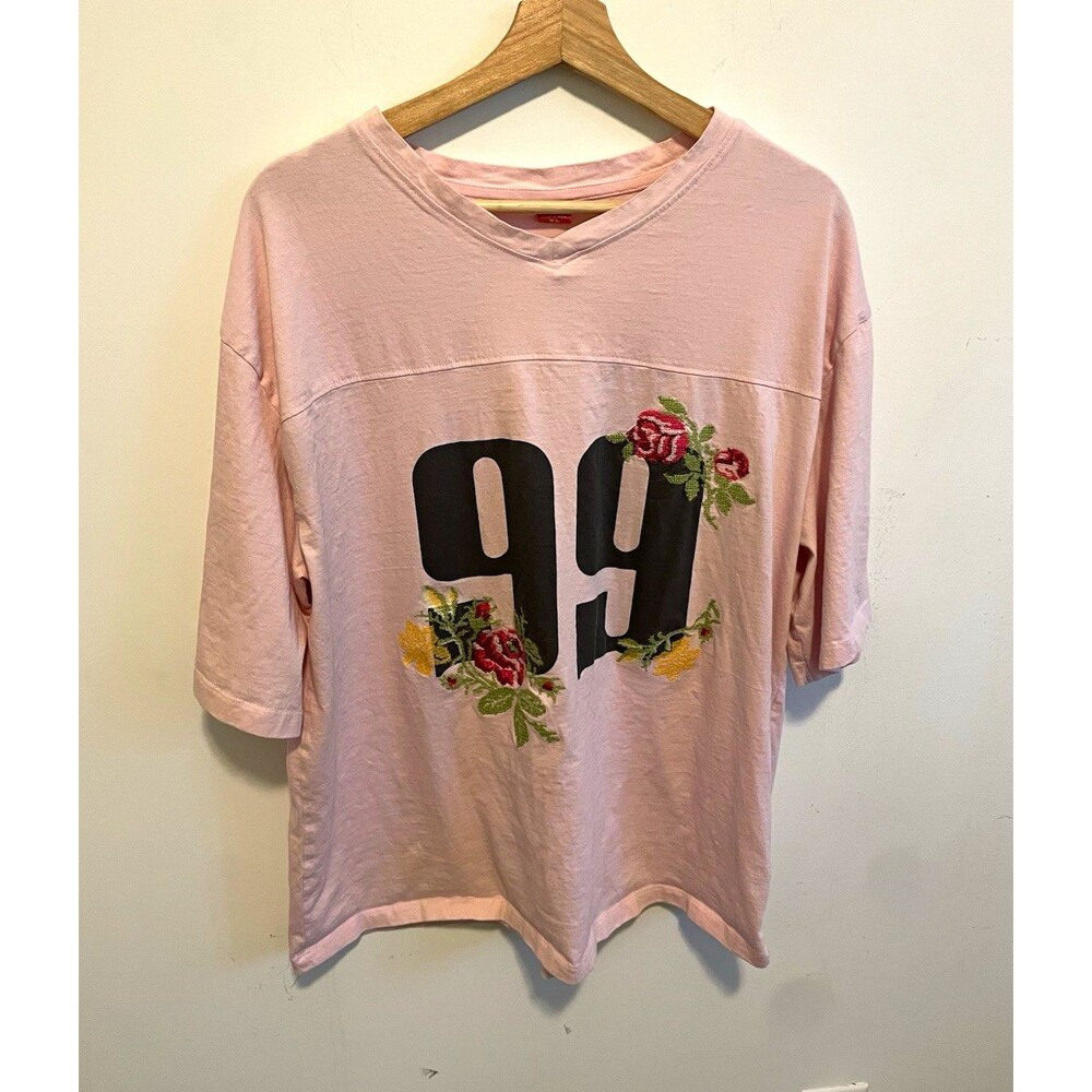 Caritan Women’s Pink 99 Flower Graphic Print V-Neck T-Shirt Short Sleeve XL